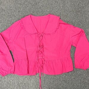 Rose Red Peter Pan Collar Tie Front Peplum Top